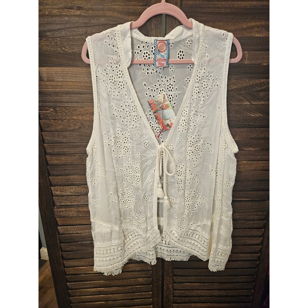 Johnny Was White Embroidery Vest Plus 1X Clean Girl White Silk Like Eyelet #862